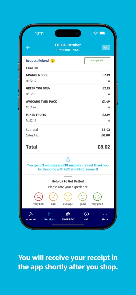 ALDI SHOP&GO - Users can access a granular breakdown of their purchases, including individual item prices and an integrated satisfaction rating system at the bottom.