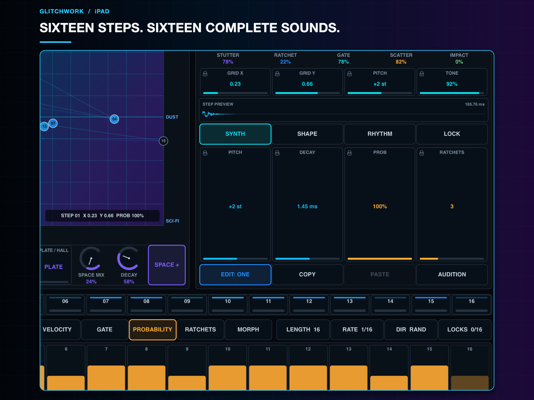 Sixteen complete per-step sound memories in Glitchwork