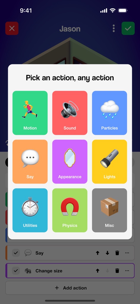 Rooms - This powerful menu allows creators to assign diverse interactions to objects, presenting a grid of options from 'Motion' to 'Sound' for dynamic room behaviors.
