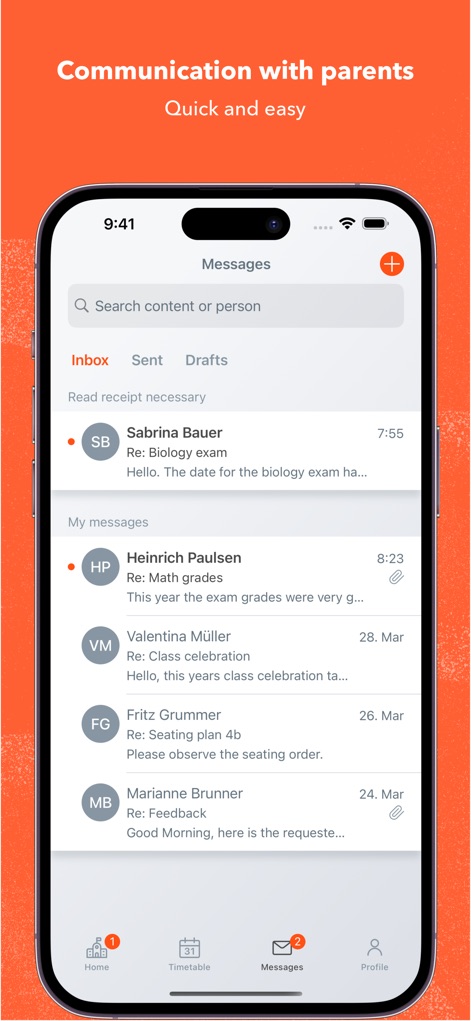 Untis Mobile - Users can efficiently manage school communication with a clear 'Inbox' and a convenient 'Search content or person' bar for quick message retrieval.