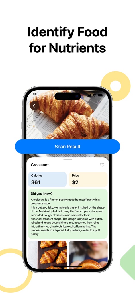 Lens - Photo Scan, Identifier - L'app offre un'analisi nutrizionale istantanea per gli alimenti, mostrando in questo esempio i 361 calorie di un croissant e una sezione "Lo sapevi?" con dettagli culinari.