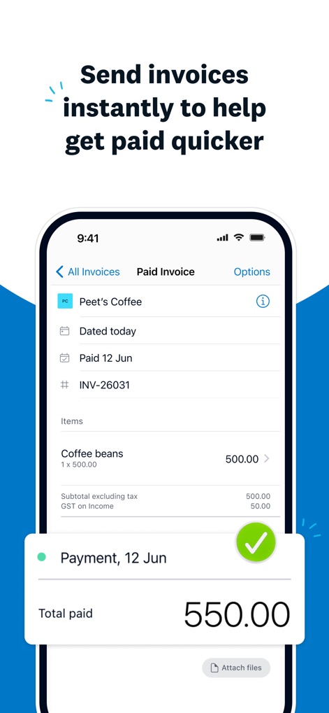 Xero Accounting for business - Die App zeigt eine detaillierte Ansicht einer bezahlten Rechnung mit dem Namen des Dienstleisters ("Peet's Coffee") und dem Gesamtbetrag ("550.00"), um den Zahlungseingang zu bestätigen.