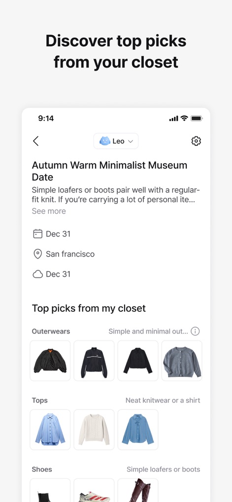 Acloset - AI Fashion Assistant - Explore how the AI identifies "Top picks from my closet" by category, such as "Outerwears" and "Tops," tailored to specific occasions.