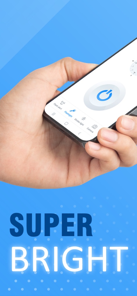 Flashlight: AI Torch Light - La interfaz principal muestra un gran botón de encendido que activa la función de linterna, destacando la promesa de una iluminación "SUPER BRIGHT" para cualquier situación.