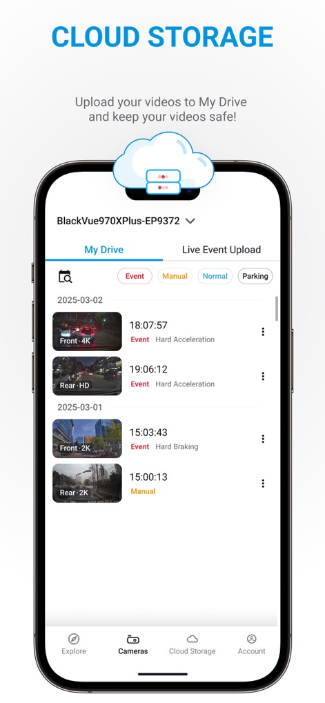 BlackVue - Browse your comprehensive video library in "Cloud Storage," easily filtering clips by "Event" or "Manual" recordings and reviewing detailed entries like "Front - 4K" footage.