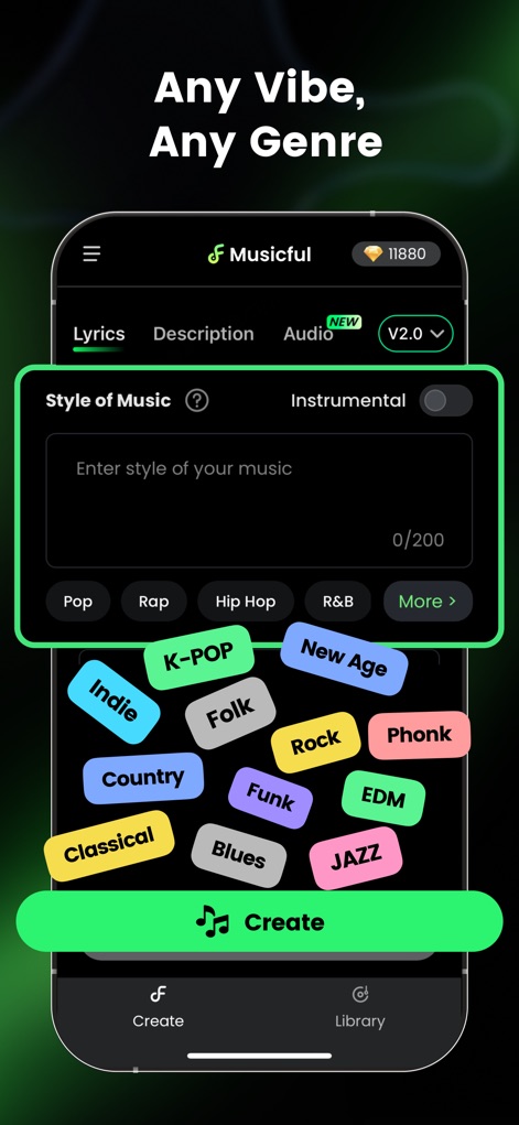 AI Song Generator - Musicful - This tool empowers users to define their musical direction by selecting from diverse genre tags like Pop and Phonk, and specifying the 'Style of Music,' ensuring creative freedom across various sounds.