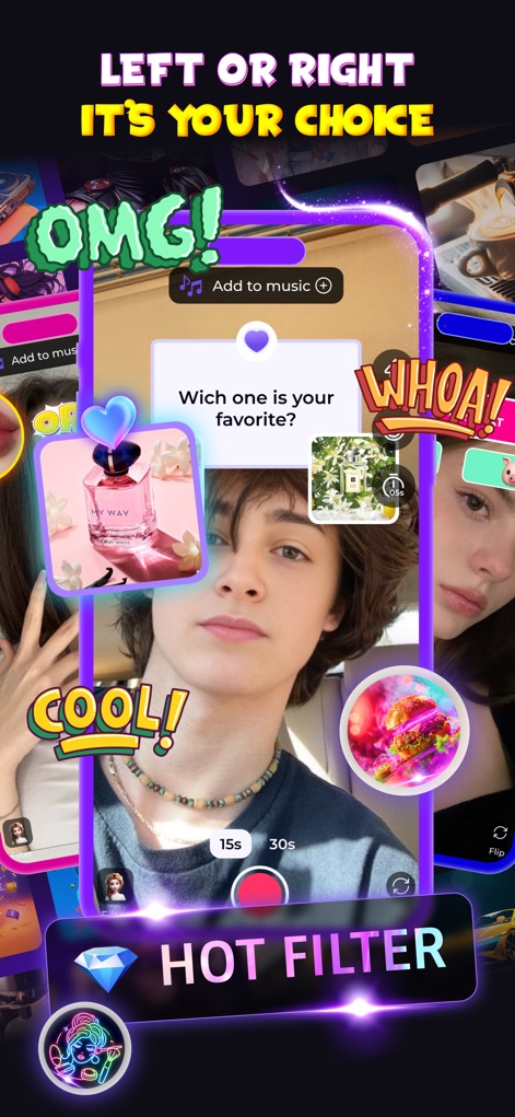 This or That: Funny Filter - Experience instant reaction fun with 'Left or Right' choices, featuring playful on-screen stickers like 'OMG!' and an integrated 'Add to music' option for video creation.
