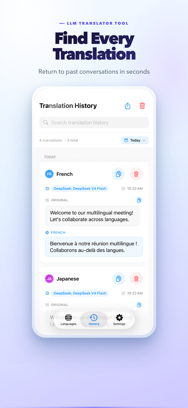 Translation history organized by date