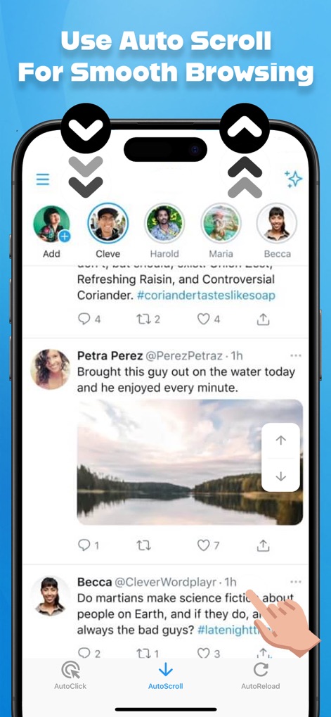 Auto Clicker - Click Assistant - Experience seamless content consumption with the app's auto-scroll feature, guided by the prominent up/down scroll arrows and easily toggled from the integrated bottom navigation bar.
