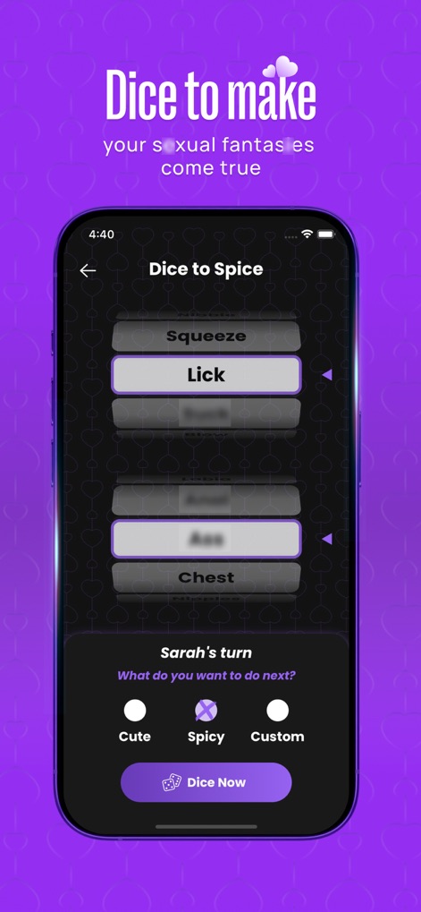 the2: Scratch Adventure - L'app trasforma le fantasie in realtà con il gioco "Dice to Spice", che permette di personalizzare azioni e parti del corpo tramite slider e di rivelare nuove sfide con il pulsante "Dice Now".