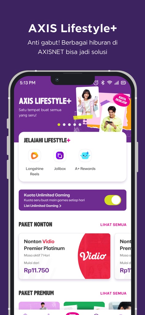 AXISNet - AXIS Lifestyle+ integra opciones de entretenimiento como "Longshine Reels" y "Jolibox", además de ofrecer "Kuota Unlimited Gaming" para los aficionados a los videojuegos.