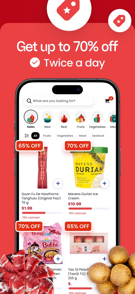 Weee! #1 Asian Grocery App - Uncover exceptional value with bold 'Get up to 70% off' daily promotions and clearly marked percentage discounts on a wide range of items such as 'Quan Fu De Hawthorns Tanghulu'.
