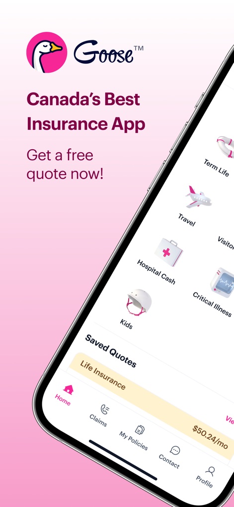 Goose Insurance - Esta captura de tela inicial destaca o slogan "Canada's Best Insurance App" junto a uma lista visível de opções de seguro como "Term Life" e "Travel", facilitando a navegação do usuário.