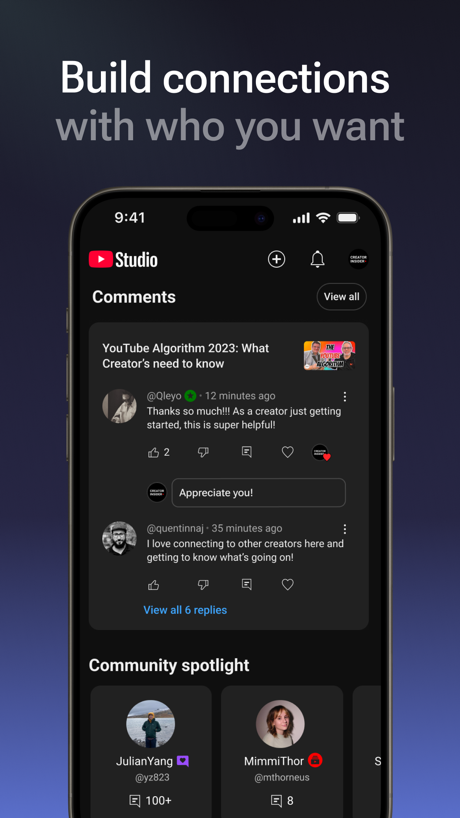 YouTube Studio App Store screenshot 4, headline “Build connections”. Blue.
