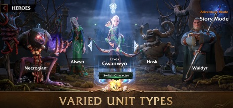 Call of Dragons - Explore the extensive roster of varied fantasy heroes, from Necrogiants to Elves, presented in a clear character selection interface for strategic deployment.