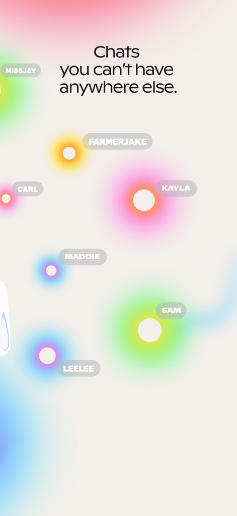 Hush: Real Talks, Deep Chats - A visualização abstrata da rede de usuários exibe nomes como 'FARMERJAKE' e 'MISSJAY', apresentados em formatos circulares com brilho, simbolizando as diversas conexões potenciais.