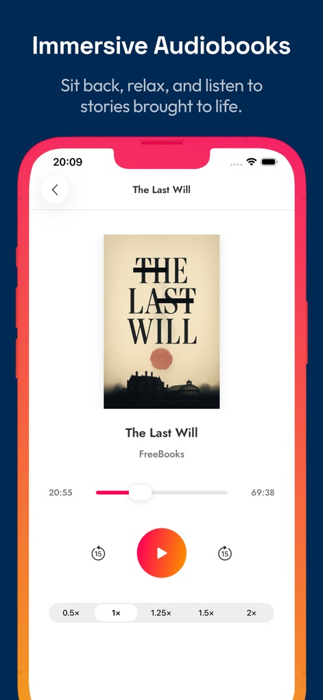 FreeBooks: 76,000 Top Reads - The app features an intuitive audiobook player with prominent play/pause controls and adjustable playback speed options for a flexible listening experience.