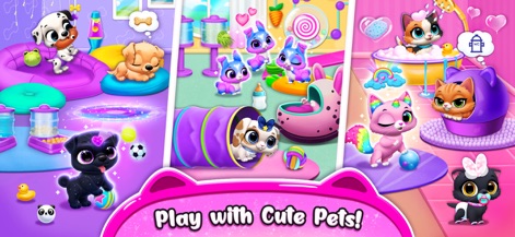 FLOOF - My Pet House - The app presents diverse pet activities, from playing with a black dog and a colorful ball to engaging in fun grooming sessions like bathing a cat.