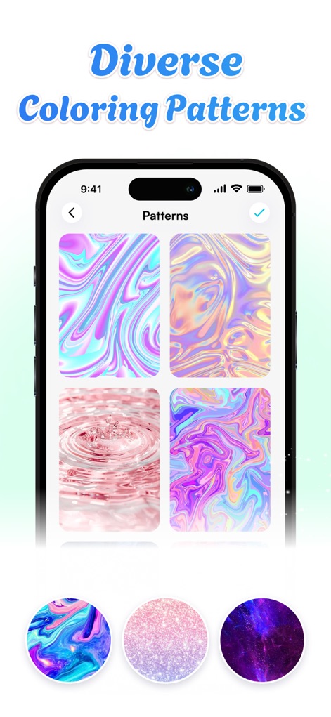 Corly: Color Picker Relax - Descubra uma vasta gama de texturas com quatro padrões iridescentes vibrantes e explore as três opções de paletas circulares para personalizar suas criações.