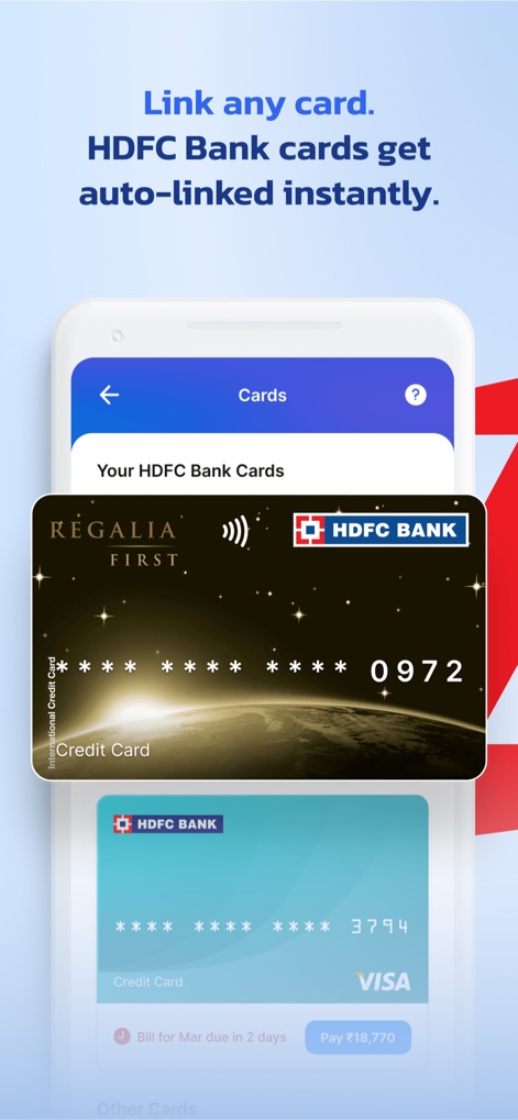 PayZapp UPI, Pixel Credit Card - Users can effortlessly link various bank cards and observe how HDFC Bank cards are automatically fetched and displayed within the app.