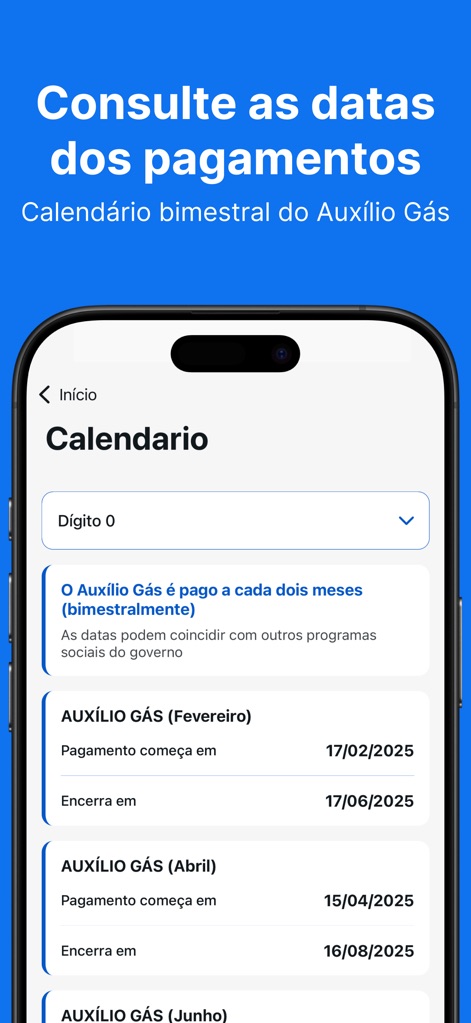 Vale Gás: Receber Auxílio Gás - Questo strumento presenta un calendario chiaro dei pagamenti bimestrali, mostrando i mesi di erogazione come "Auxílio Gás (Fevereiro)" e le date specifiche di inizio e fine per ciascun periodo, aggiornate per il 2025.
