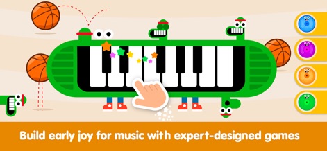 Kids Piano Fun: Music Games - 이 스크린샷은 농구공과 작은 캐릭터들로 장식된 악어 모양의 피아노와 건반 위를 터치할 때 나타나는 다채로운 별들을 통해 재미있는 초기 음악 학습을 제시합니다.