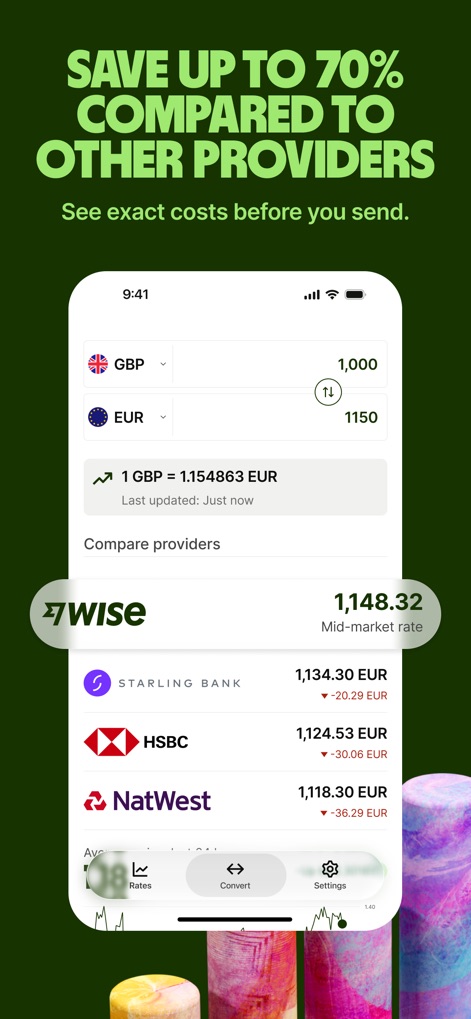 Currency Converter by Wise - Esta herramienta permite a los usuarios comparar las ofertas de diferentes proveedores como Starling Bank y HSBC, mostrando claramente el tipo de cambio medio del mercado y la cantidad final en EUR.