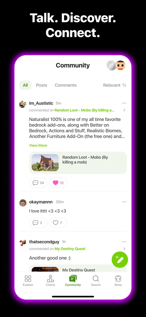 Addons for Minecraft - This section highlights the "Community" feature where users can "Talk. Discover. Connect." by viewing active posts and engaging with other players through comments and likes.