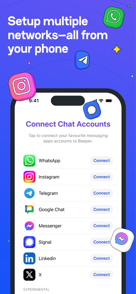 Beeper - This tool streamlines the integration process, clearly listing supported platforms such as WhatsApp and Telegram with dedicated "Connect" buttons, enabling users to easily link their various messaging accounts.