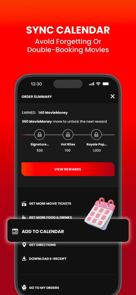 TGV - Effortlessly manage your movie schedule by syncing bookings directly to your calendar, activated by the 'ADD TO CALENDAR' button, shown within the order summary.