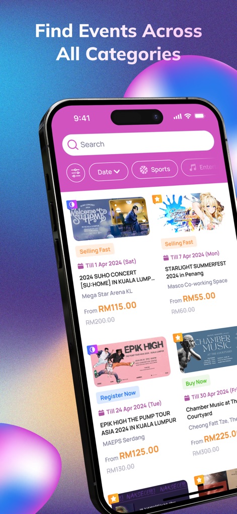 Ticket2U - ユーザーは、上部の「検索バー」や「Date」、「Sports」などのカテゴリフィルターを使用して、幅広いイベントを簡単に探索できます。