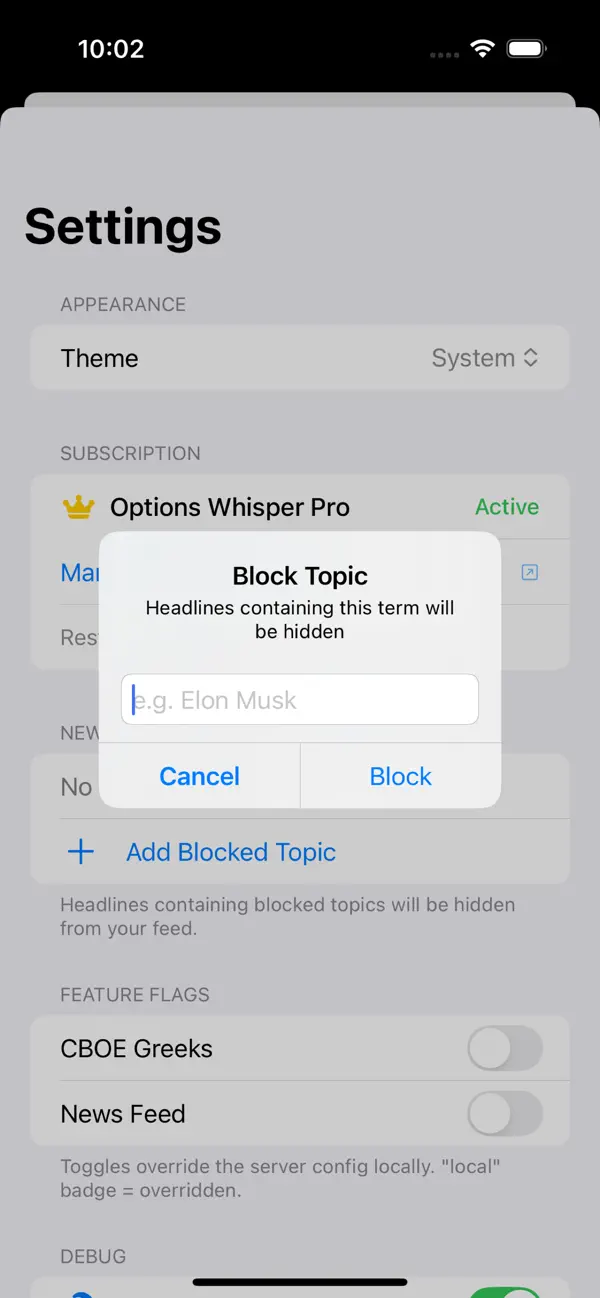 Block Topic settings with example placeholder