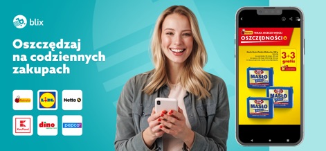 Blix - Gazetki Promocyjne - La imagen introduce Blix, mostrando su capacidad para ahorrar en compras cotidianas y destacando los logos de tiendas populares como Biedronka y Lidl.