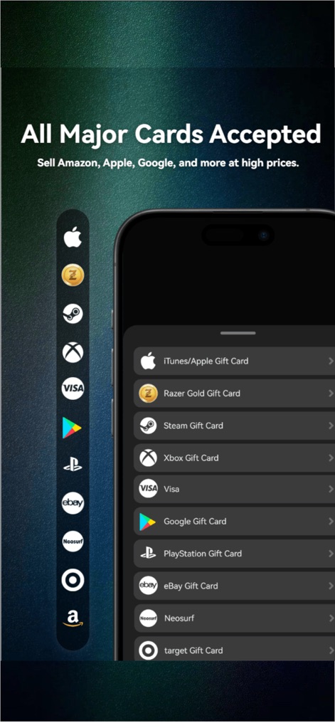 CardBase X: Sell Gift Cards - View the comprehensive support for various gift card types, indicated by the extensive list of supported card brands and their corresponding visual icons.