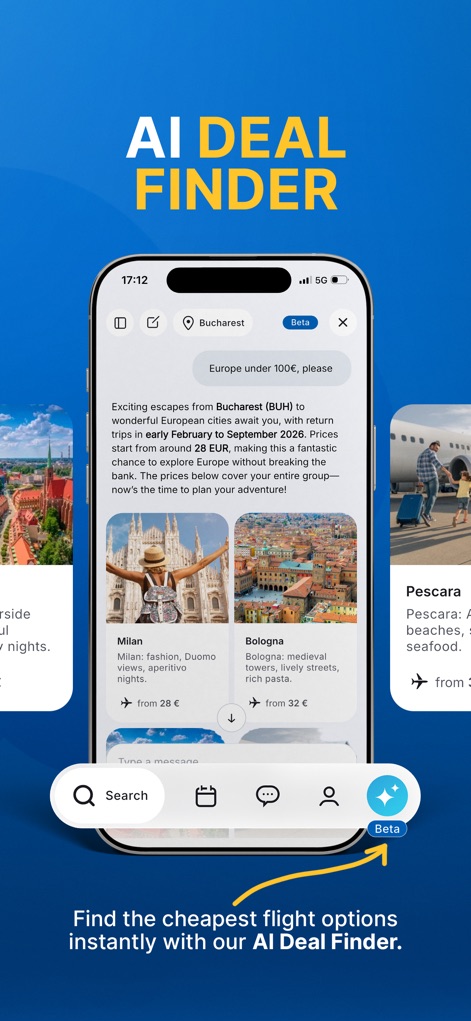 GoVola - Cheap Flights - This tool helps users instantly discover affordable flights with its AI Deal Finder, showcasing various destinations and a "Europe under 100€" filter.