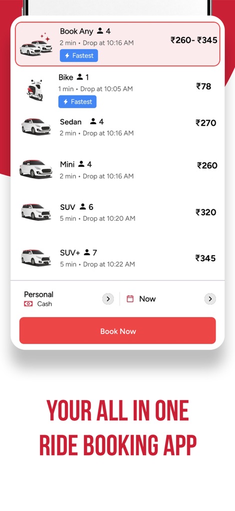 Red Taxi - Cab Booking App - Users can effortlessly select from multiple vehicle types like Bike or SUV+, with transparent estimated fare ranges displayed.