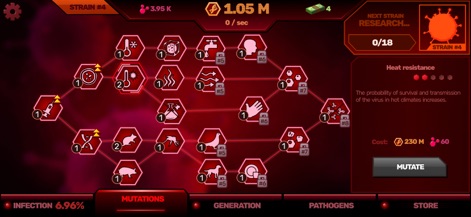 Patient Zero: Virus game - This tool enables strategic pathogen evolution through a comprehensive mutation tree and provides detailed descriptions for traits like 'Heat resistance'.