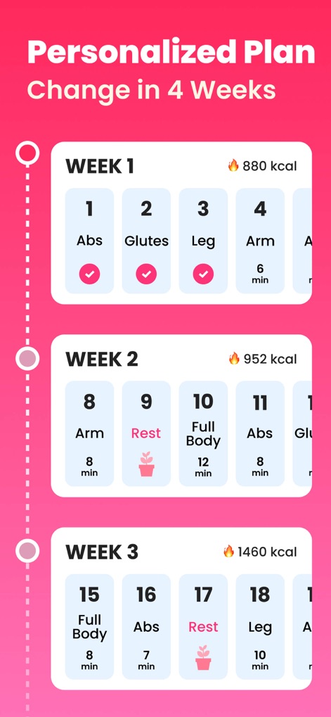 Workout for Women: Fit at Home - Os usuários podem visualizar um plano de treino personalizado, detalhando **exercícios por semana** e **calorias estimadas queimadas**, garantindo uma evolução estruturada ao longo do mês.