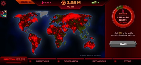 Patient Zero: Virus game - Users can observe the real-time global infection spread on a detailed world map and track the increasing 'Infected' population count.