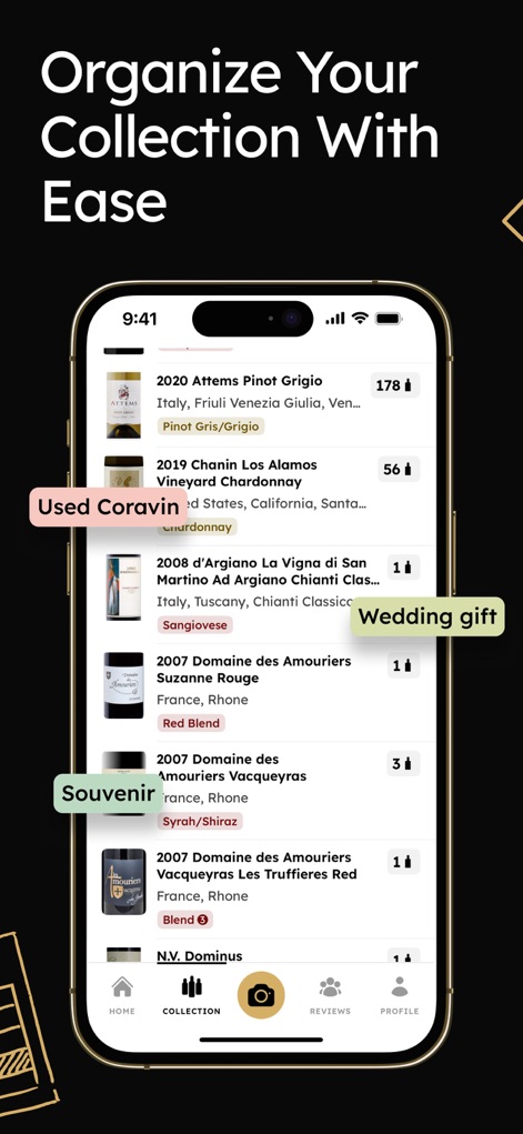 InVintory: Wine Cellar Manager - Tailor your inventory management with powerful organization tools, including custom tags like 'Used Coravin' and intuitive quick filters.
