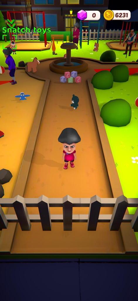 Scary Little Prankster - Observe the vibrant outdoor playground setting, filled with potential prank targets and objectives like 'Snatch toys' for endless mischievous opportunities.