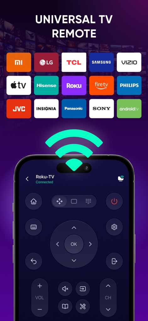 Smart TV Remote Control Plus - La aplicación presenta una extensa compatibilidad con marcas líderes como Samsung y Roku, ofreciendo una interfaz de control remoto completa directamente en la pantalla del dispositivo.