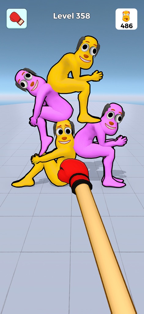 Annoying Uncle Punch Game - Uma formação divertida de personagens empilhados, amarelos e rosas, aguarda o golpe do jogador, destacando a criatividade dos desafios no Nível 358.