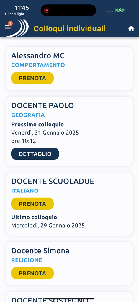 MasterCom Famiglie 2.0 - Os usuários podem agendar reuniões individuais com professores, visualizando uma lista clara de docentes e suas disciplinas, juntamente com botões de 'Prenota' para fácil agendamento.