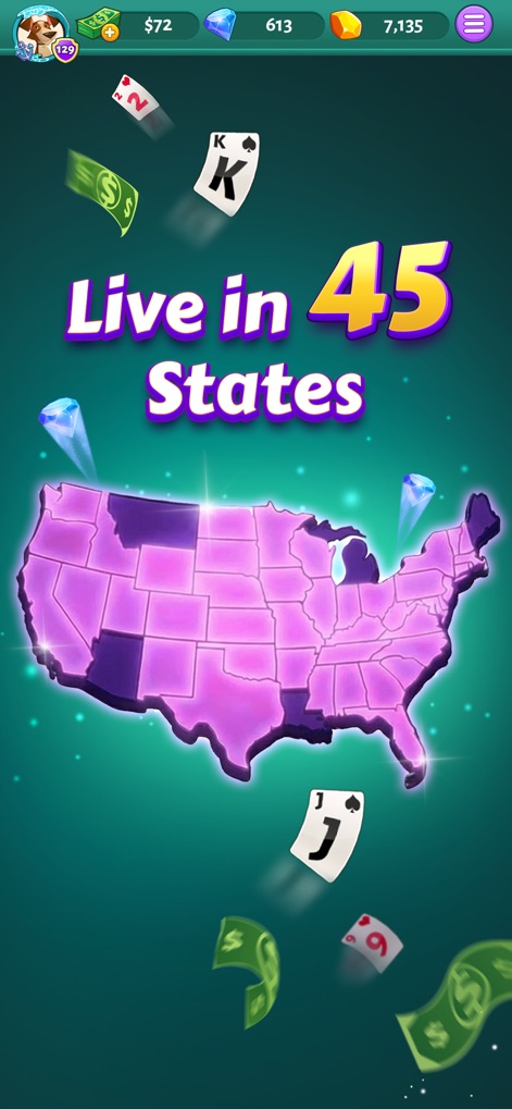 Solitaire Cash - Users can clearly see the app's broad reach, indicated by the 'Live in 45 States' text, with the US map visually emphasizing available playing regions.