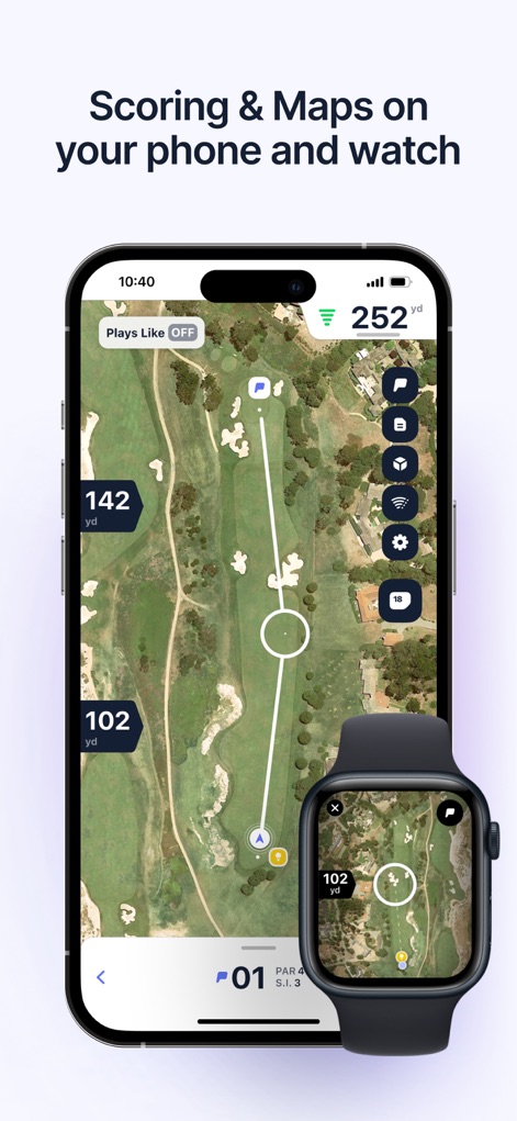 Hole19: Golf GPS Range Finder - Experience comprehensive course layouts with shot tracking on the phone screen, while simultaneously viewing miniature course maps and distances on the Apple Watch.