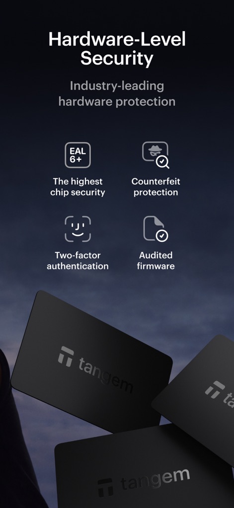 Tangem - Crypto wallet - Die Abbildung demonstriert die Hardware-Sicherheit der App mit dem "EAL 6+"-Zertifikat und der Funktion der "Two-factor authentication".