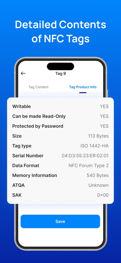 NFC Tools: Reader and Scanner - Gain comprehensive insights into NFC tags, revealing "Tag Product Info" with specifics such as "Serial Number" and "Memory Information".
