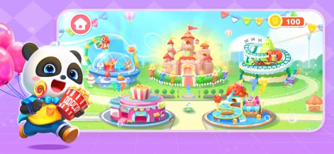 Baby Panda World - BabyBus - ポップコーンを持ったパンダが夢中になり、壮大なお城と様々な乗り物が配置された遊園地で、子供たちは創造的な遊びを楽しめます。