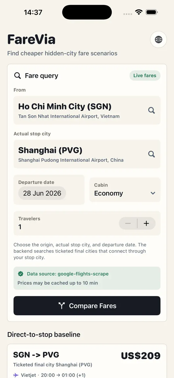 Screenshot #1 pour FareVia Flight Compare
